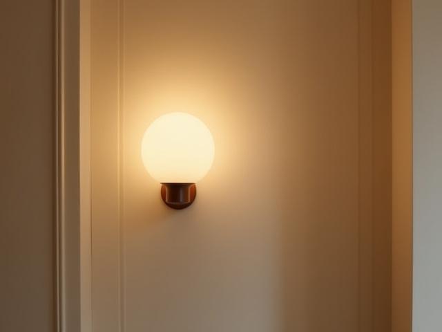 Vegglampe i tre og opalt glass